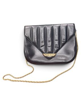 Vintage Charles Jourdan Paris Navy Leather Quilted Chain Shoulder Bag France 80s